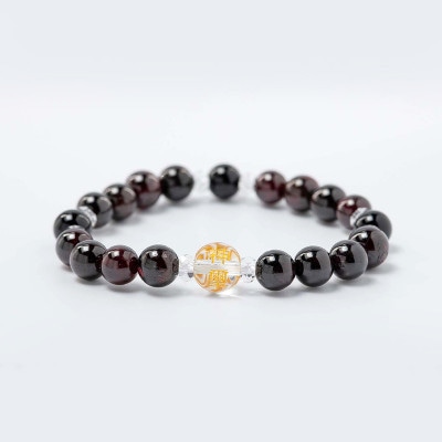 生命力を高める！ガーネット＆オニキス パワーストーンブレスレット 水晶神璽金彫り　神社で祈願済み