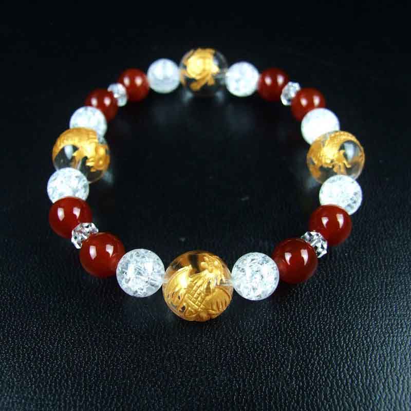 ブレスレット【レッドアゲート＆C水晶】□レディース□四神水晶金彫り