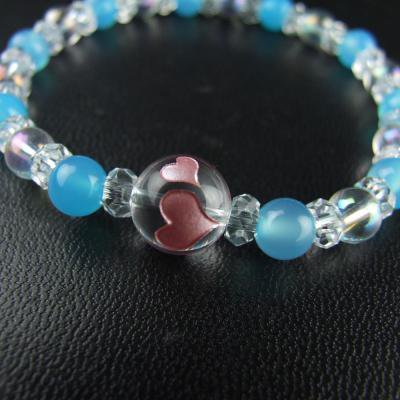 永遠の幸福 ダブルハートレディースブレスレットお守り　シーブルーカルセドニー　