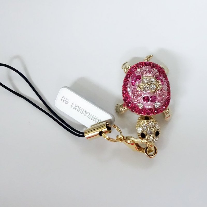 キラキララインストーン 亀 ピンク　祈願済み　ストラップ/健康長寿　神社で祈願・祓い清め済み