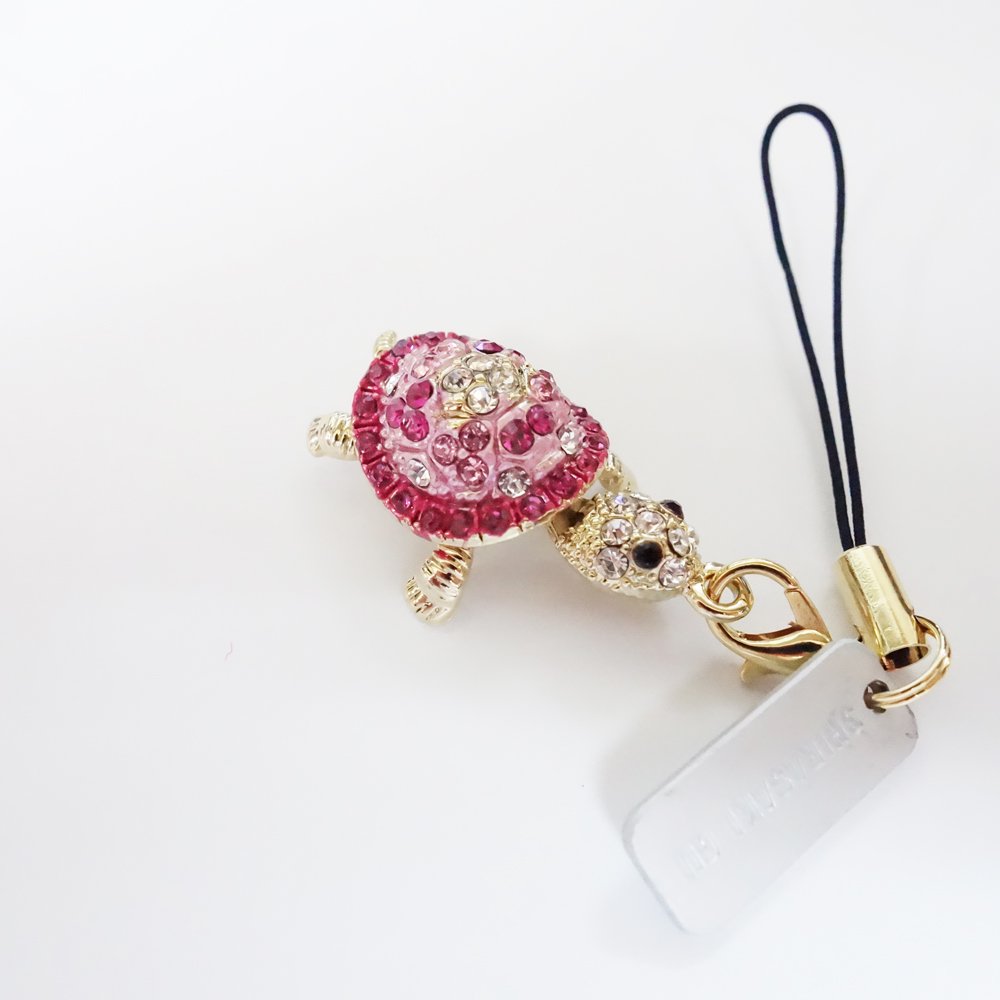 キラキララインストーン 亀 ピンク　祈願済み　ストラップ/健康長寿　神社で祈願・祓い清め済み