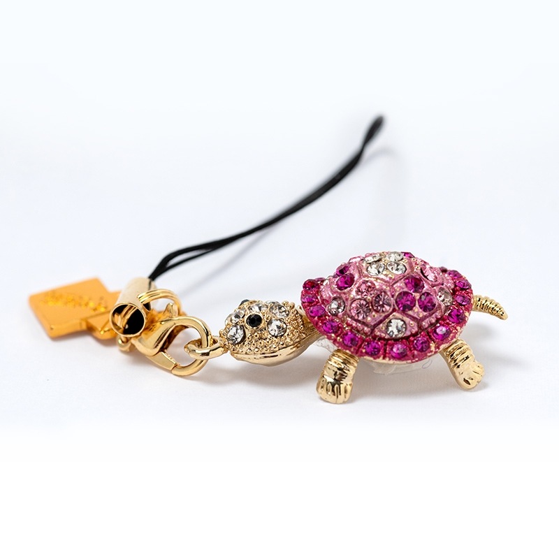 キラキララインストーン 亀 ピンク　祈願済み　ストラップ/健康長寿　神社で祈願・祓い清め済み