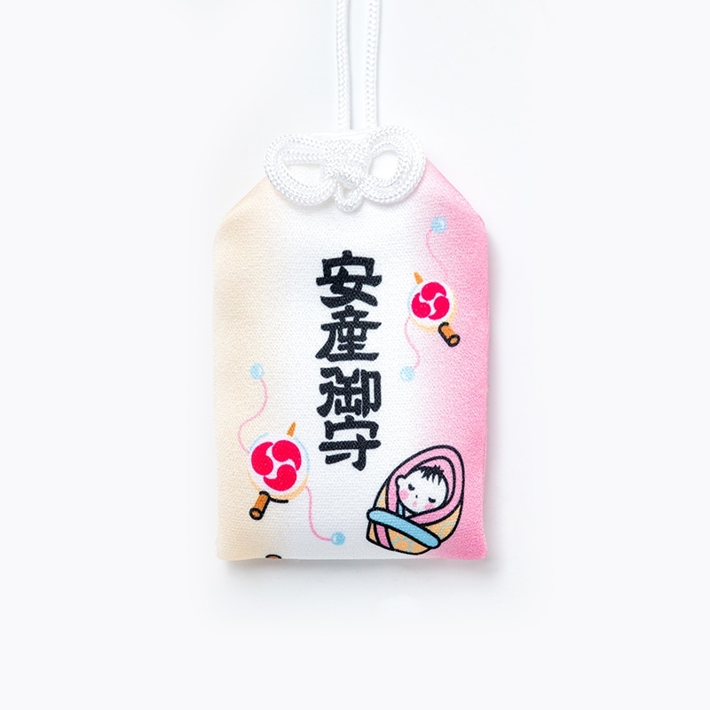 安産成就 かわいいピンクの安産のお守り　でんでん太鼓・赤ちゃん絵柄　神社で祈願済み お清め・お祓い済み　安産祈願/出産祝い　
