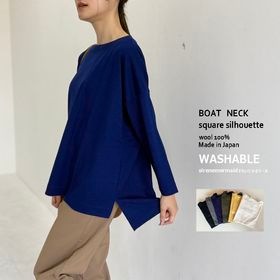 ウォッシャブルウール＿ボートネック　スクエアシルエット裾スリットプルオーバー