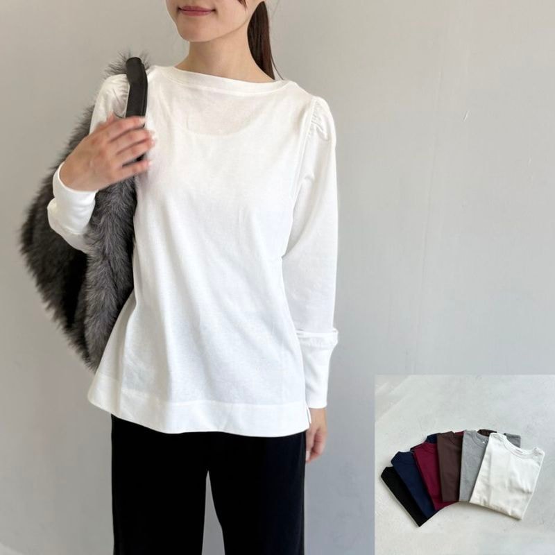 USAコットン　ギャザーショルダー長袖 裾スリット プルオーバー