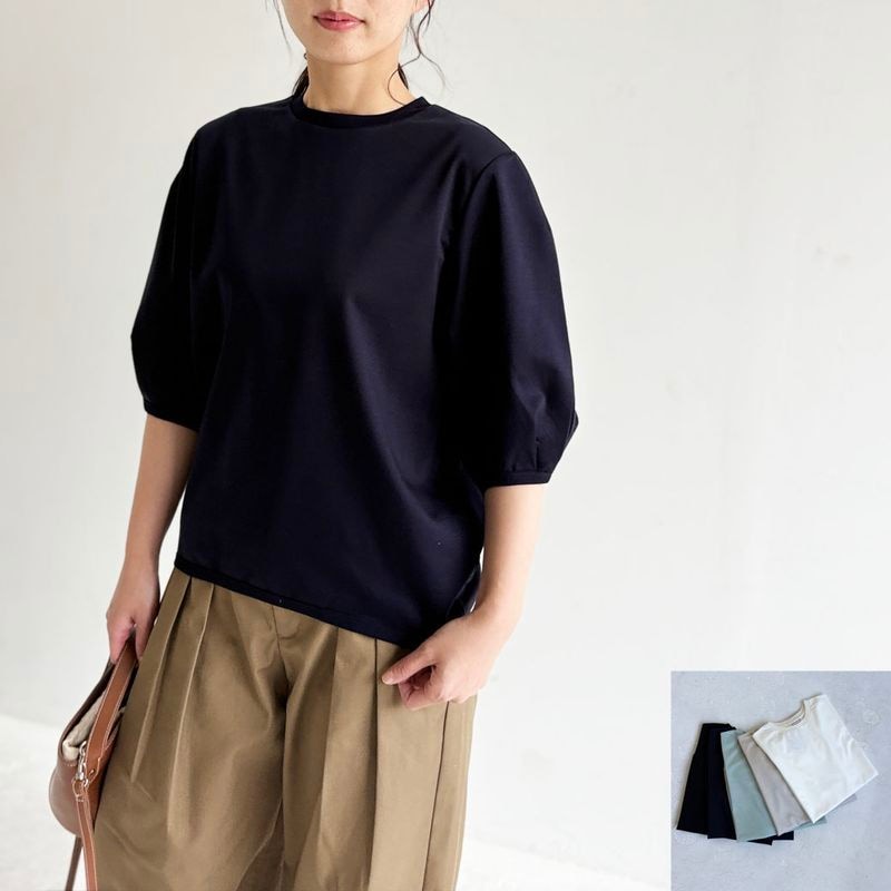 コットンポンチ＿パフスリーブラウンドヘム＿カットソーブラウス