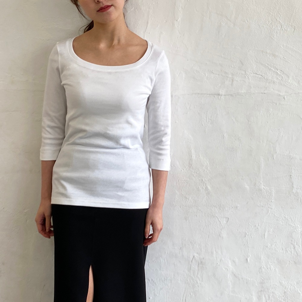 丸胴コットンフライス＿ラウンドネック７分袖＿63cm丈