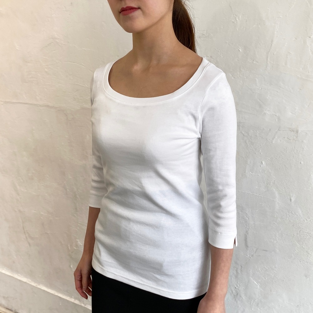 丸胴コットンフライス＿ラウンドネック７分袖＿63cm丈