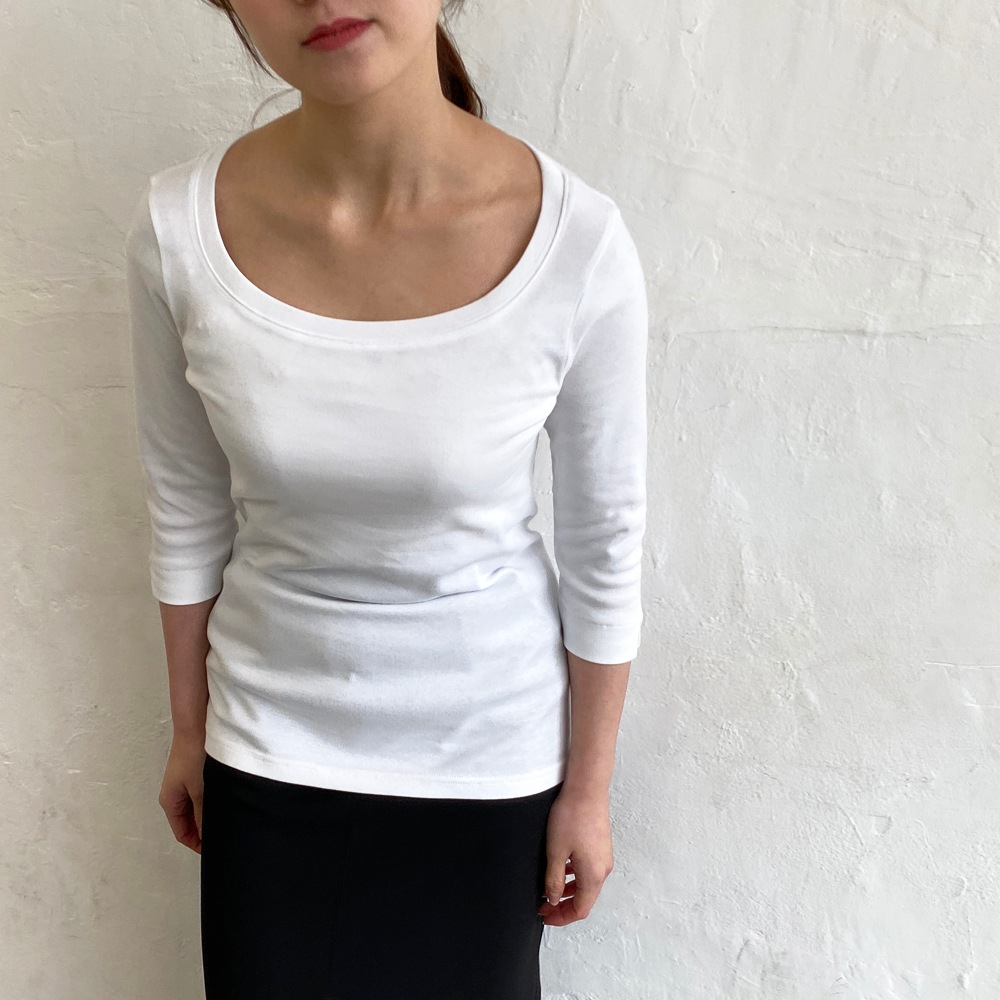 丸胴コットンフライス＿ラウンドネック７分袖＿63cm丈