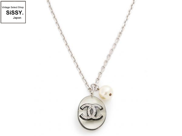 CHANEL シャネル CCマーク クリアストーン フェイクパール ネックレス シルバー 黒
