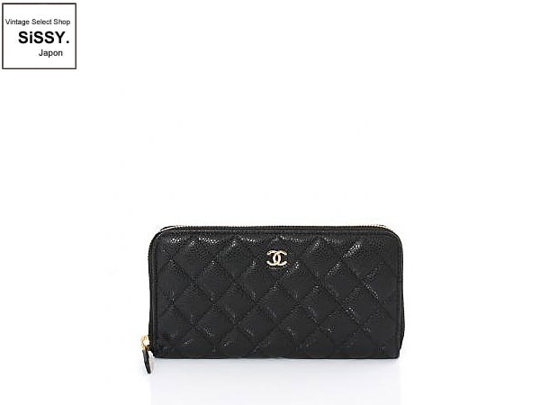 CHANEL シャネル キャビアスキン ラウンドファスナー ロングウォレット 長財布 黒 ゴールド