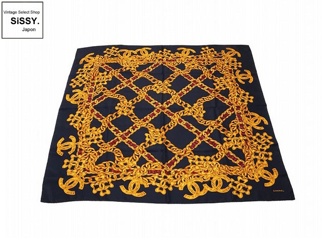 CHANEL シャネル スカーフ チェーン シルク ネイビー/イエロー