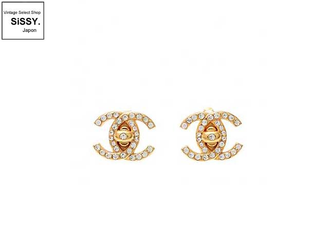 CHANEL シャネル イヤリング ココマーク ラインストーン ターンロック ゴールド クリア 96A