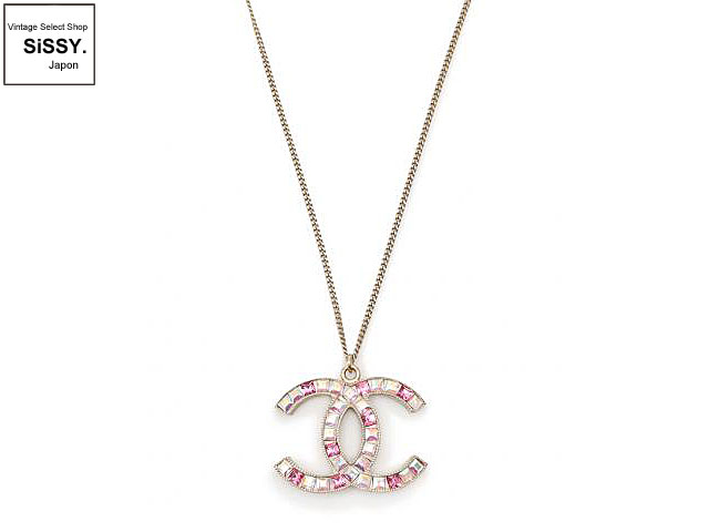 CHANEL シャネル ココマーク ネックレス ラインストーン付 メタル シルバー ピンク 05P