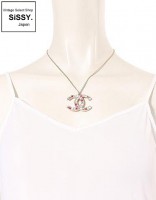 CHANEL シャネル ココマーク ネックレス ラインストーン付 メタル シルバー ピンク 05P|アクセサリー