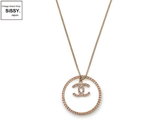 CHANEL シャネル ココマーク ネックレス ラインストーン付 メタル ゴールド ピンク 06A