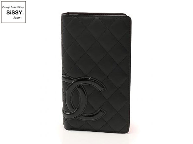 CHANEL シャネル カンボンライン 二つ折り長財布 カーフスキン 黒 ピンク