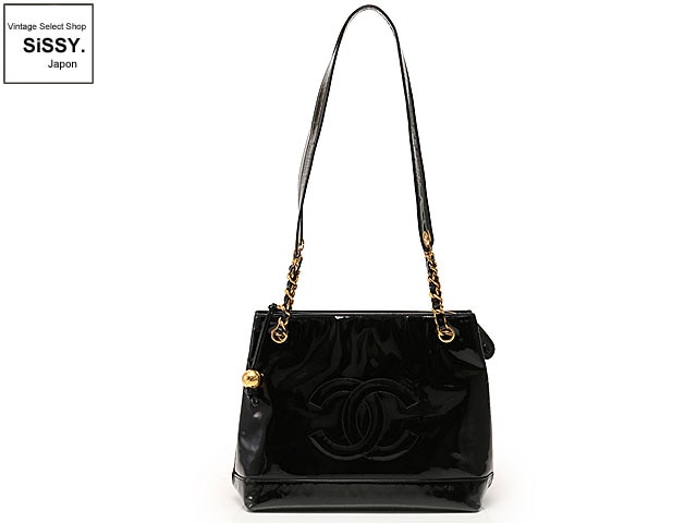 CHANEL シャネル チェーンショルダーバッグ エナメルレザー 黒 ゴールド金具