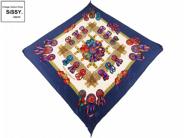 HERMES エルメス プリーツスカーフ シルク 青 アイボリー系