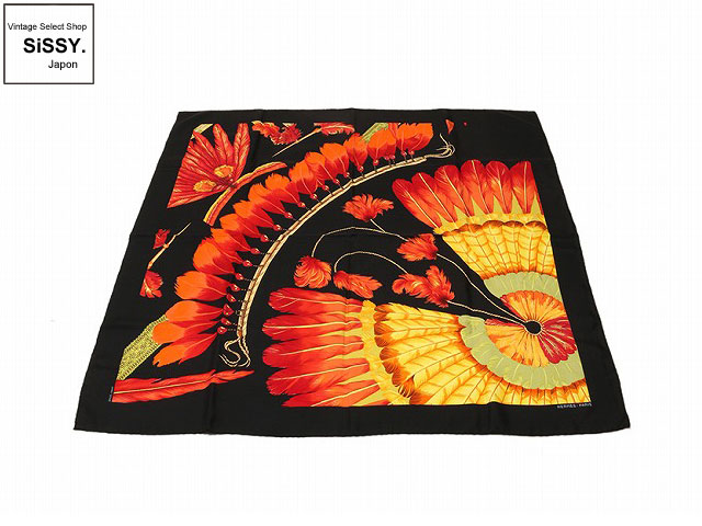 HERMES エルメス カレ90 「BRAZIL(detail)」 スカーフ シルク 黒 オレンジ 黄