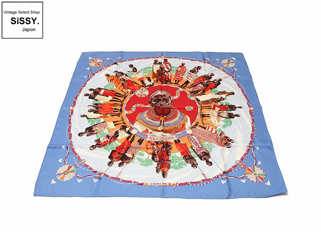 HERMES エルメス カレ90 「PERLES DU KENYA」 スカーフ シルク 青 オレンジ マルチカラー