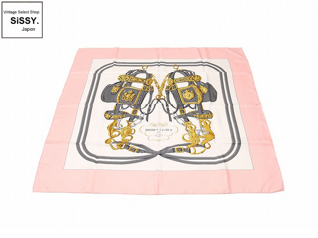 HERMES エルメス カレ90 「BRIDES de GALA」 スカーフ シルク ピンク 白 ゴールド グレー