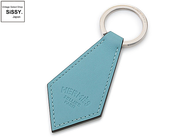 HERMES エルメス タブ キーホルダー キーリング レザー メタル ブルーサンシール