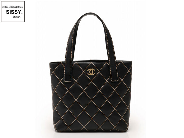CHANEL シャネル ワイルドステッチ トートバッグ レザー ブラック ゴールド金具
