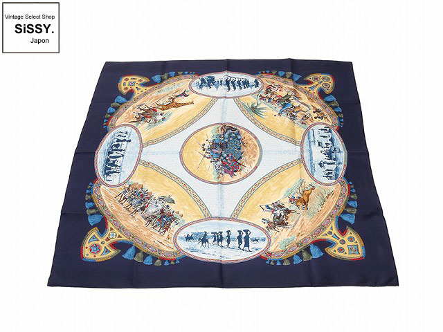 HERMES エルメス カレ90 「CAVALIERS PEULS」 スカーフ シルク ブルー系 マルチカラー