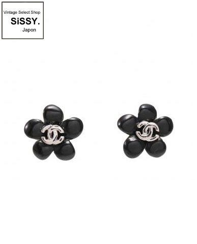 CHANEL シャネル ココマーク フラワー ピアス ブラック/シルバー 05P