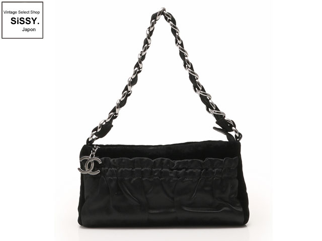 CHANEL シャネル ココマーク イブニングバッグ ベロア サテン 黒 シルバー金具