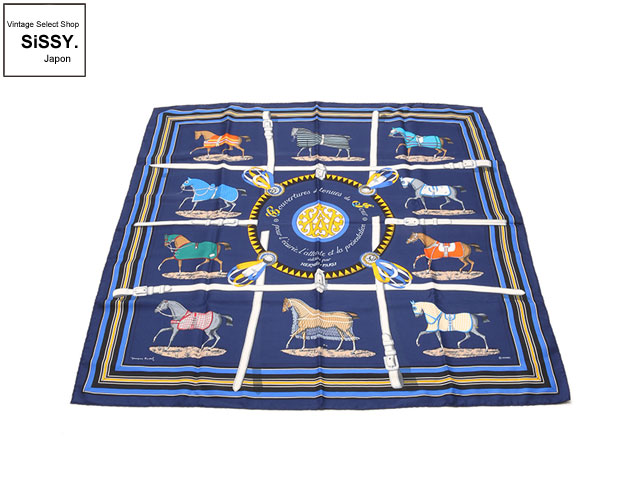 HERMES エルメス カレ90 「Couvertures et tenues de Jour」 スカーフ シルク ネイビー マルチカラー