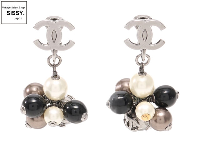 CHANEL シャネル イヤリング フェイクパール ラインストーン メタル ガンメタリック ブラック ホワイト