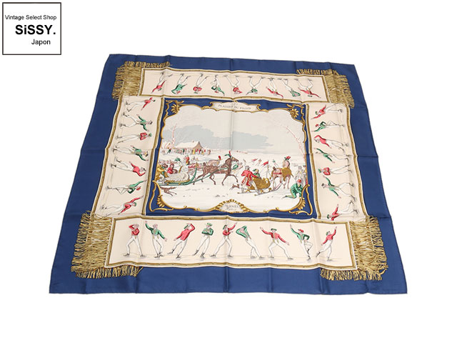 HERMES エルメス カレ90 「LES PLAISIRS DU FROID」 スカーフ シルク ライトベージュ ネイビー マルチカラー