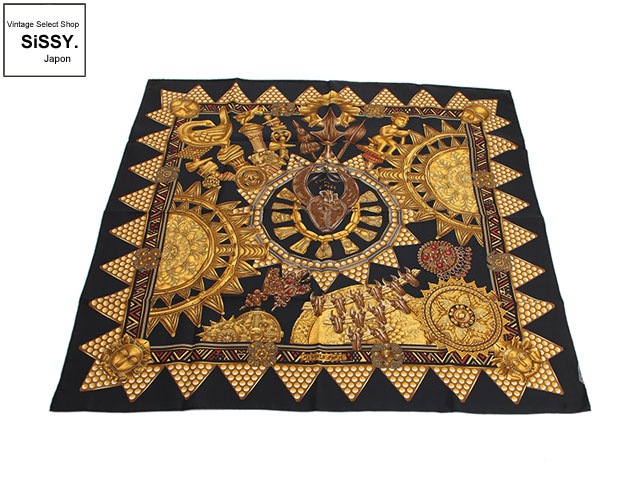 HERMES エルメス カレ90 「L’OR DES CHEFS」 スカーフ シルク ブラック/ゴールド