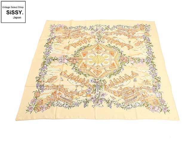 HERMES エルメス カレ90 「Au Pays de Cocagne」 スカーフ シルク イエロー マルチカラー
