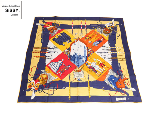 HERMES エルメス カレ90 「Le Carnaval de Venise」 スカーフ シルク イエロー ネイビー マルチカラー