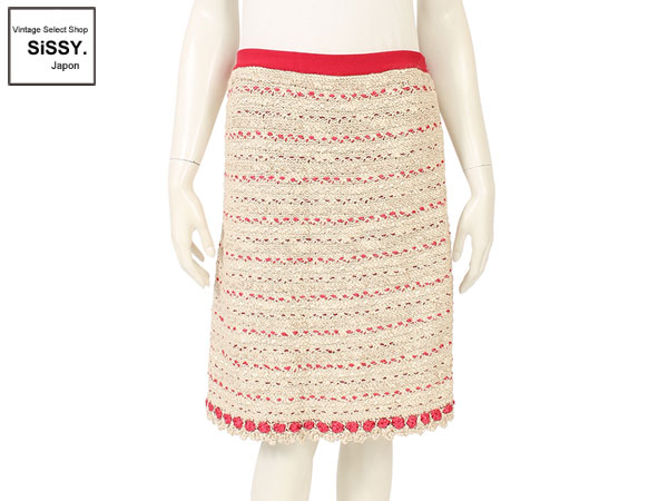 シャネル CHANEL ツイード スカート シルク ウール コットン ベージュ レッド 06P 42(M)
