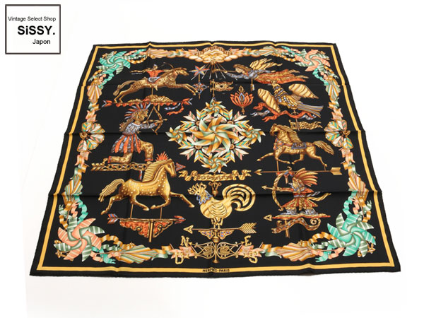 エルメス ■HERMES■ スカーフ カレ90 「LES GIROUETTES」 シルク100% ブラック マルチカラー