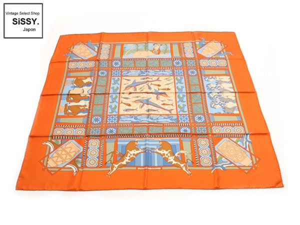 エルメス ■HERMES■ スカーフ カレ90 スカーフ 「LES SECRETS DE MINOS」 シルク オレンジ マルチカラー