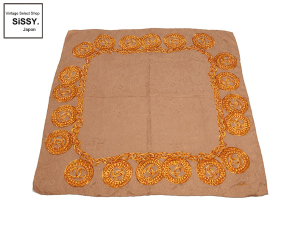 シャネル ■CHANEL■ スカーフ シルク ベージュ ゴールド ココマーク チェーン ペイズリー柄