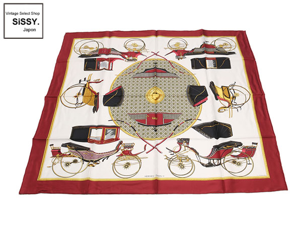 エルメス ■HERMES■ スカーフ カレ90 「LES VOITURES A TRANSFORMATION」 シルク ホワイト ボルドー ゴールド
