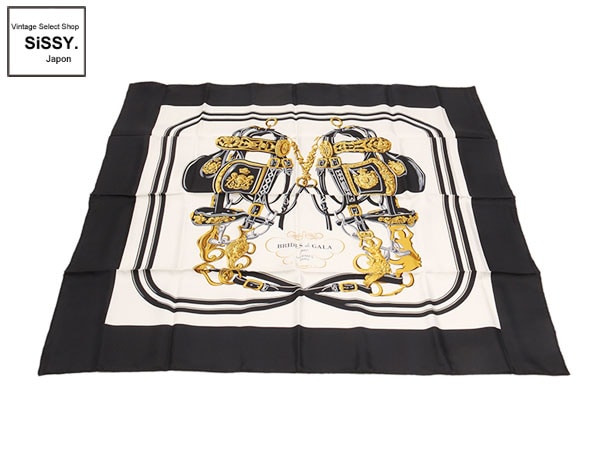 エルメス ■HERMES■ スカーフ カレ90 シルク100%「BRIDES DE GALA（式典用馬勒）」ブラック ホワイト ゴールド