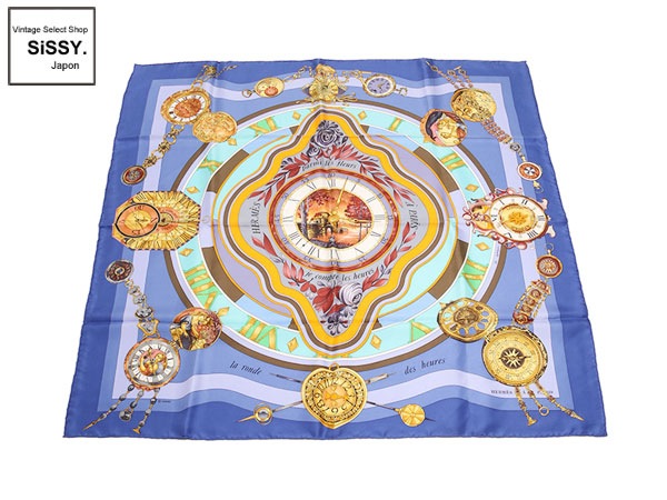 エルメス ■HERMES■ スカーフ カレ90 シルク100%「parmi les fleurs」ブルー系 マルチカラー