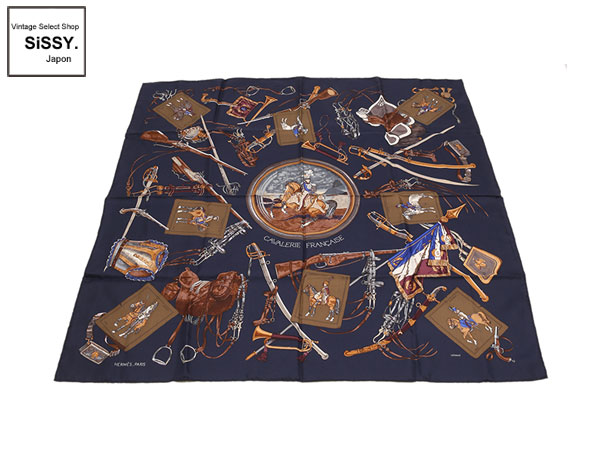 エルメス ■HERMES■ スカーフ カレ90 シルク100% 「CAVALERIE FRANCAISE」 ネイビー系 マルチカラー