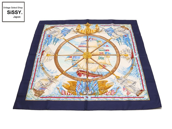エルメス ■HERMES■ スカーフ カレ90 シルク100% 「vive le vent」 ネイビー系 マルチカラー