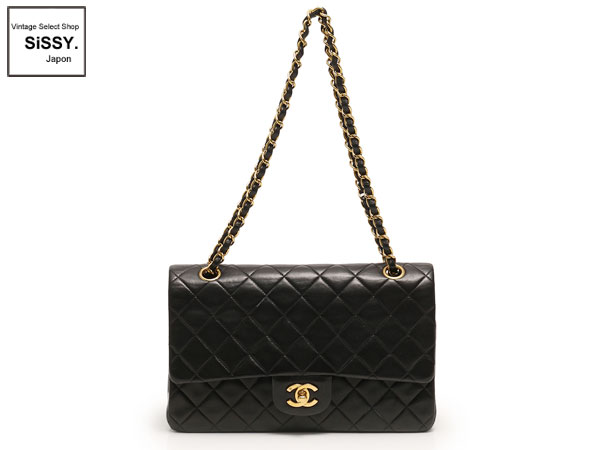 シャネル ■CHANEL■ Wフラップ Wチェーン ショルダーバッグ マトラッセ ラムスキン ブラック ゴールド金具 A01113