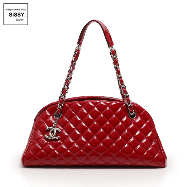 ■シャネル■ ボーリングバッグ チェーンショルダーバッグ マドモアゼル エナメルレザー レッド シルバー金具