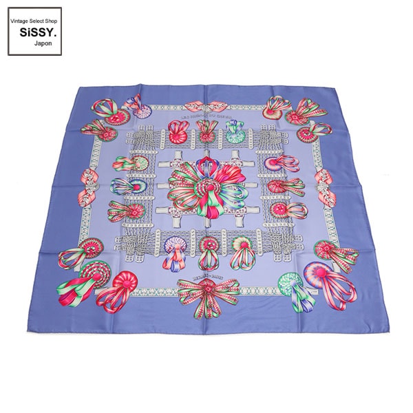 ■エルメス■ カレ90 スカーフ 「LES RUBANS DU CHEVAL」 シルク100% パープル系マルチカラー 【HERMES】