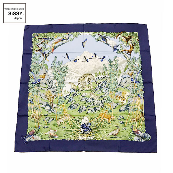 ■エルメス■ カレ90 スカーフ 「SICHUAN」 シルク ネイビー 水色 マルチカラー 【HERMES】